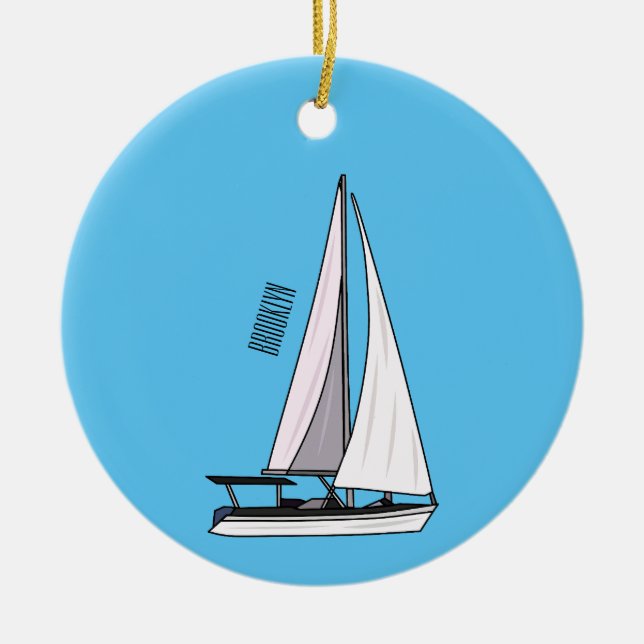 Sailboat cartoon illustration ceramic tree decoration (Front)
