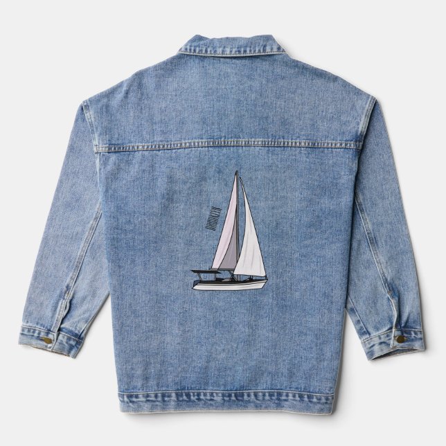 Sailboat cartoon illustration denim jacket (Back)