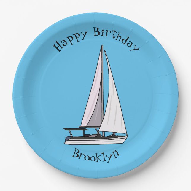 Sailboat cartoon illustration paper plate (Front)