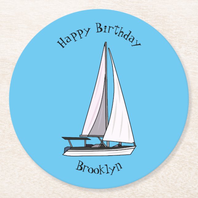 Sailboat cartoon illustration round paper coaster (Front)