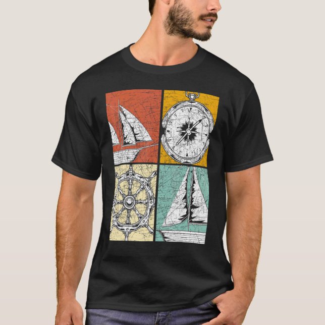 Sailboat Compass Steering Wheel Sailor Pop Sailing T-Shirt (Front)
