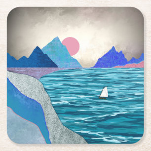 Sailboat Cove Landscape Square Paper Coaster