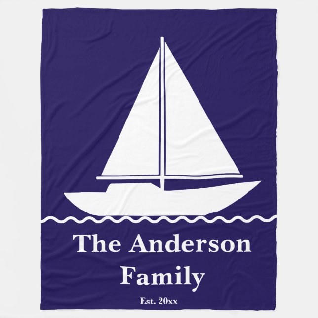Sailboat Dark Blue and White Family Name Est. Year Fleece Blanket (Front)