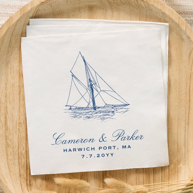 Sailboat Elegant Nautical Navy Blue Wedding Napkin (Sailboat Elegant Yacht Club Nautical Wedding Napkins in Navy Blue designed by Concertina Press)