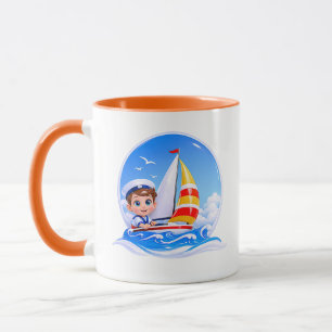 Sailboat Illustration Cute Kid Blue Mug