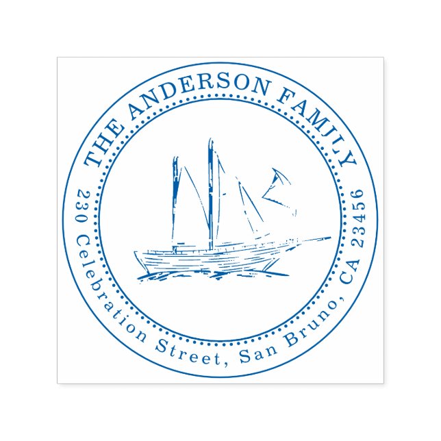 Sailboat Illustration Family Name & Return Address Self-inking Stamp (Design)