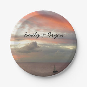 Sailboat in Sunset Beautiful Pink Seascape Paper Plate