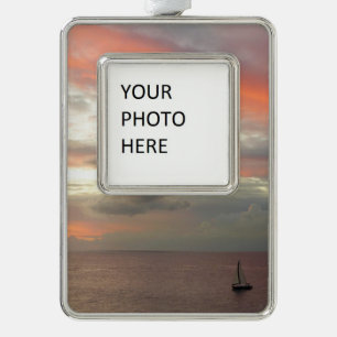 Sailboat in Sunset Beautiful Pink Seascape Silver Plated Framed Ornament