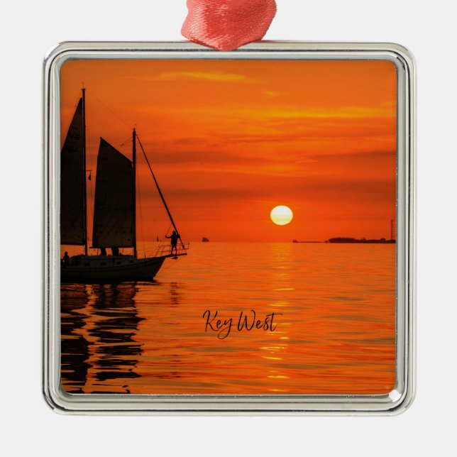 Sailboat, Key West, Florida at Sunset Metal Tree Decoration (Front)