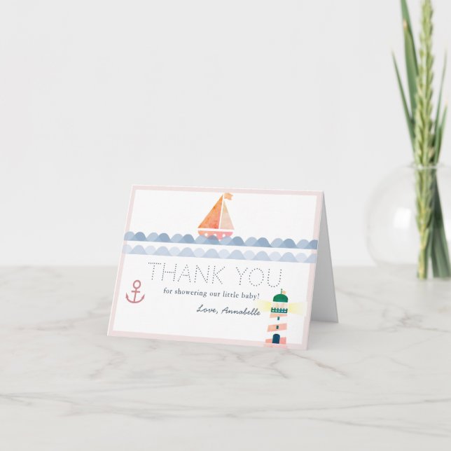 Sailboat & Lighthouse Nautical Pink Baby Shower Thank You Card (Front)