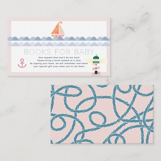Sailboat & Lighthouse Pink Books for Baby Shower Enclosure Card (Front/Back)