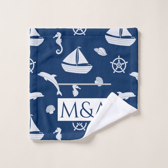 Sailboat & Marine Life Pattern Bath Towel Set (Wash Cloth)