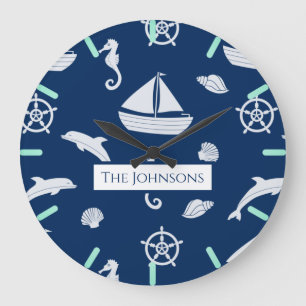 Sailboat & Marine Life Pattern Large Clock