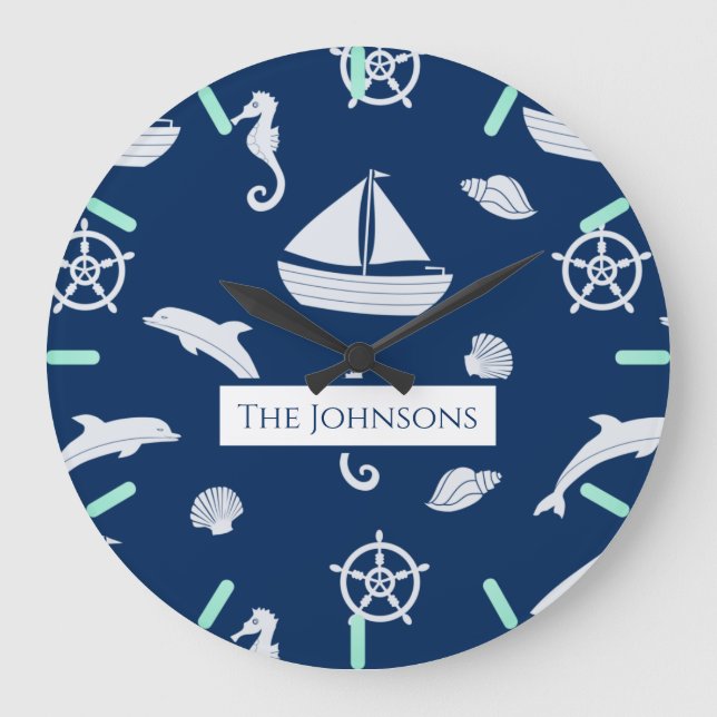 Sailboat & Marine Life Pattern Large Clock (Front)