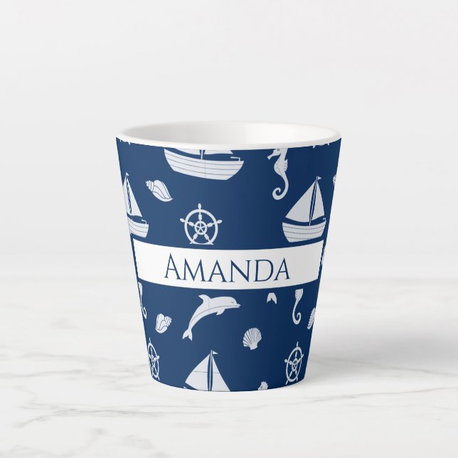 Sailboat & Marine Life Pattern Latte Mug (Front)