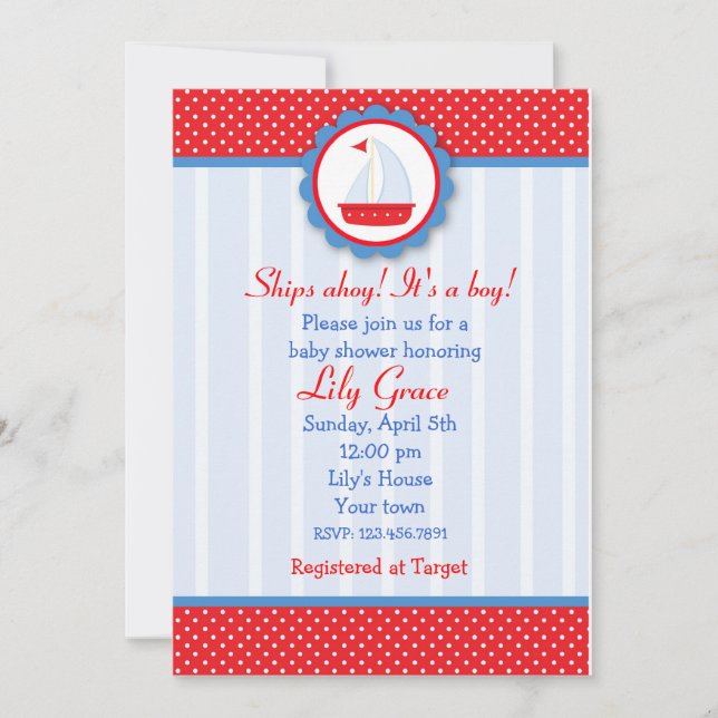 Sailboat Nautical baby shower invitations (Front)