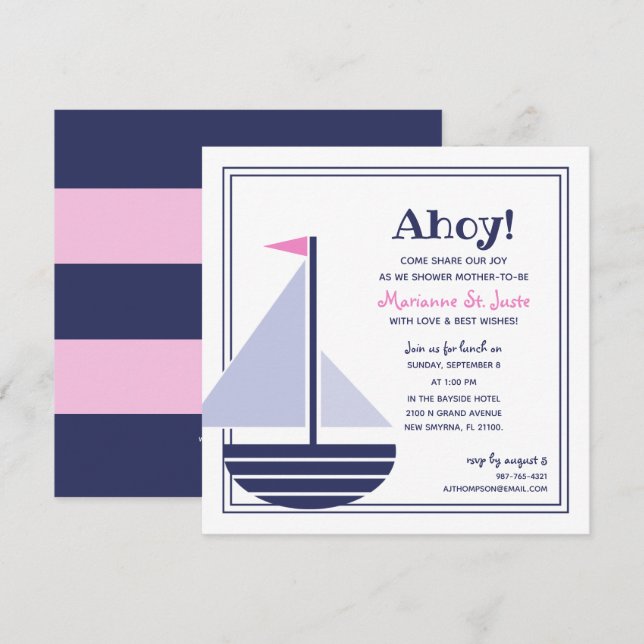 sailboat nautical BABY SHOWER pink girl Invitation (Front/Back)