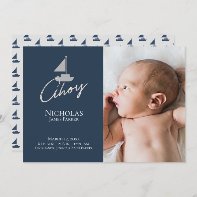 Sailboat Nautical Birth with Photo Announcement (Front/Back)