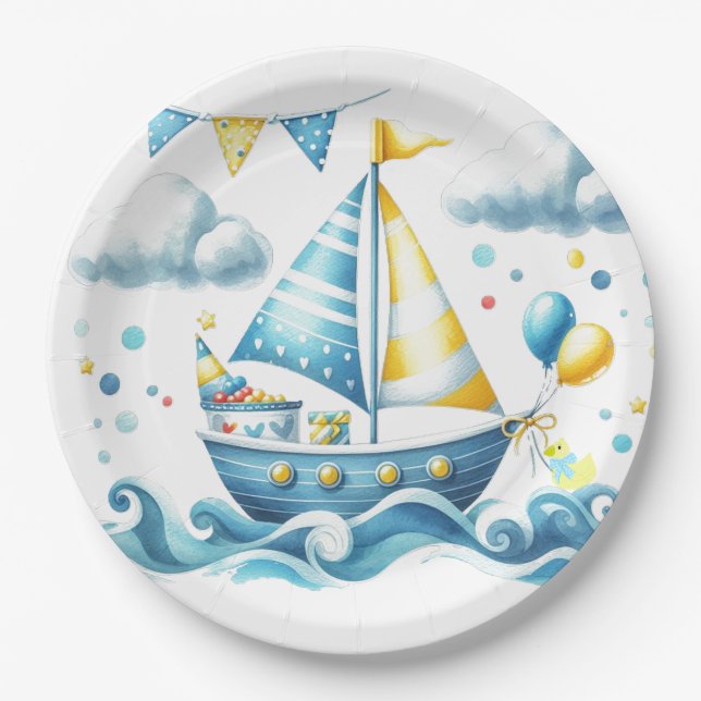 Sailboat Nautical Blue Baby Shower  Paper Plate (Front)