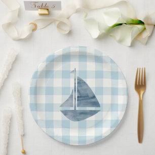 Sailboat Nautical Blue Gingham Check Pattern Paper Plate