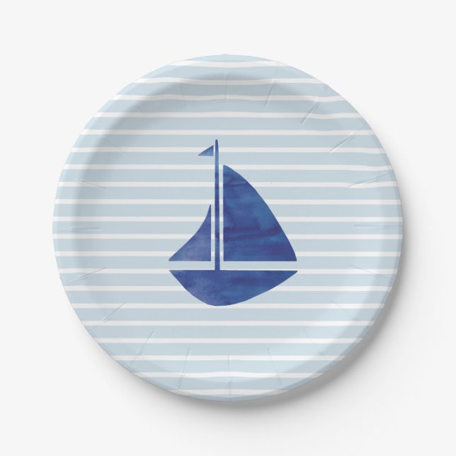 Sailboat Nautical Ocean Blue Stripe Paper Plate (Front)