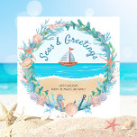 Sailboat Nautical Wreath Coastal Christmas Holiday Card<br><div class="desc">Beach theme square Christmas card features a nautical wreath with seashells,  anchor,  coral,  seahorse,  starfish and seaweed,  with a sailboat on the ocean in the centre.  Caption says "Seas & Greetings". Original artwork KL Stock.</div>