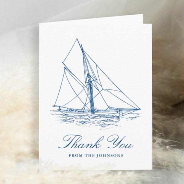 Sailboat Navy Blue Nautical Wedding Thank You Card (Personalized Sailboat Thank You card for a Navy Blue Elegant Nautical Wedding by Concertina Press)