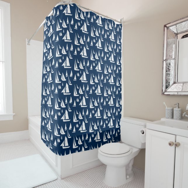 Sailboat Navy Blue Shower Curtain (In Situ)
