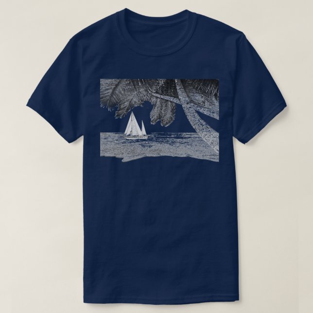 Sailboat Ocean Beach Palm Tree T-Shirt (Design Front)