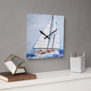 sailboat on high seas in watercolor art square wall clock