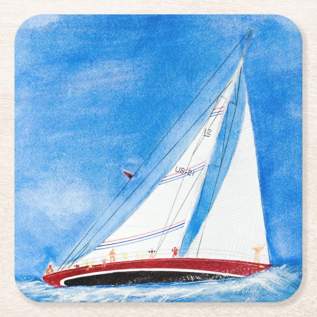 Sailboat On High Seas Watercolor Square Paper Coaster (Front)