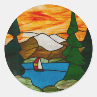 Sailboat on Mountain Lake Stained Glass Design Art Classic Round Sticker