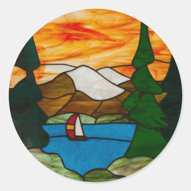 Sailboat on Mountain Lake Stained Glass Design Art Classic Round Sticker (Front)