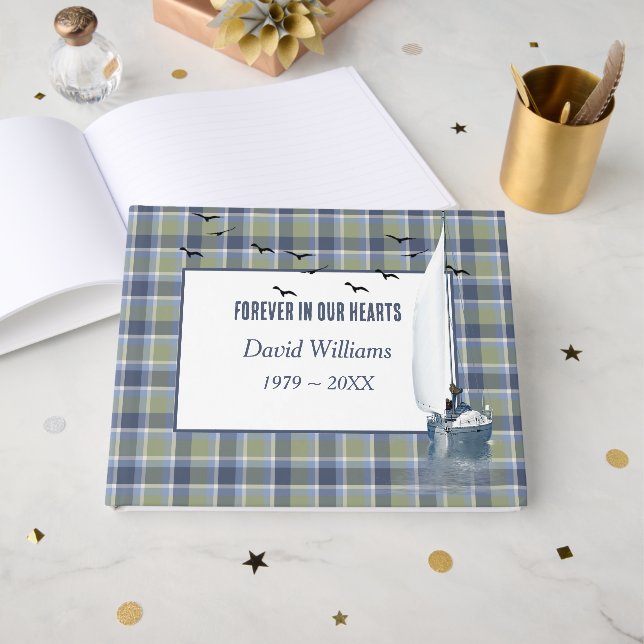 Sailboat On Plaid For Memorial Service Guest Book (Front Open)