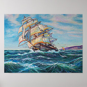 Sailboat on Rough Sea Waters Small Poster