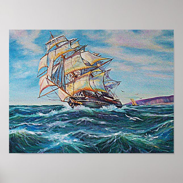 Sailboat on Rough Sea Waters Small Poster (Front)