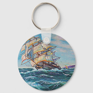 Sailboat on Rough Waters Oil Painting Key Ring