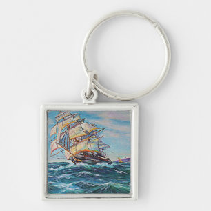 Sailboat on Rough Waters Oil Painting Key Ring
