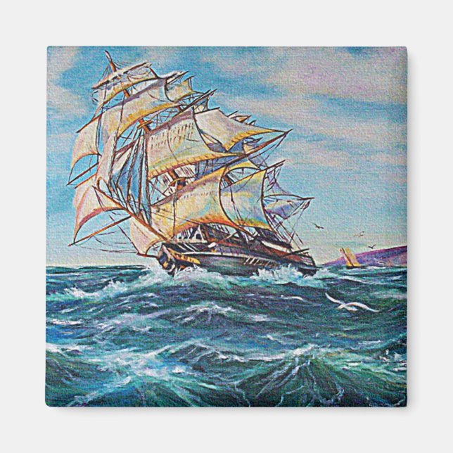 Sailboat on Rough Waters Oil Painting Magnet (Front)