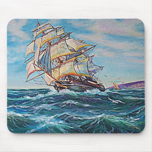Sailboat on Rough Waters Oil Painting Mouse Mat (Front)