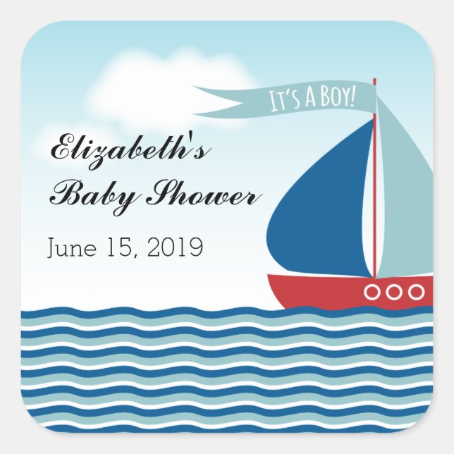 Sailboat on Water It's A Boy, Nautical Baby Shower Square Sticker (Front)