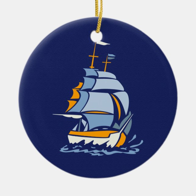 Sailboat ornament, customisable ceramic tree decoration (Front)