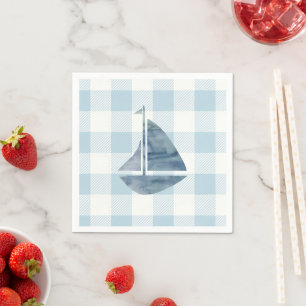 Sailboat Painting Nautical Blue Gingham Coastal Napkin