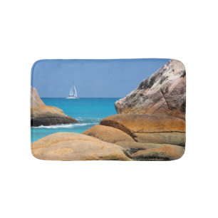 Sailboat Passing By the Beach   Bath Mat