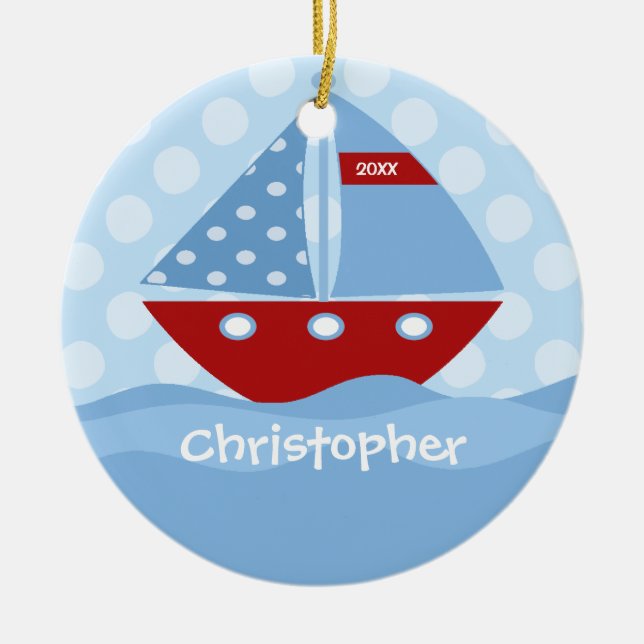 Sailboat Personalised Boy Christmas Ornament (Front)