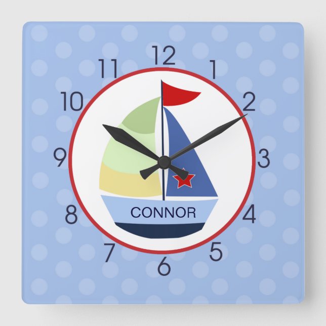 Sailboat Red, Navy, Light Blue Wall clock (Front)