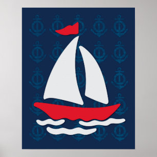 Sailboat - Red, White and Blue Nautical Wall Art