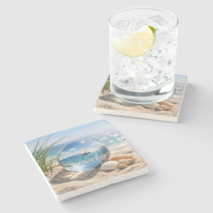 Sailboat Reflection In Glass Sphere Stone Coaster
