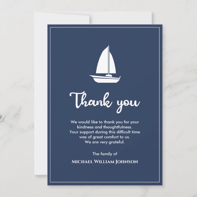 Sailboat Sailing Boat Funeral Nautical Blue White Thank You Card (Front)