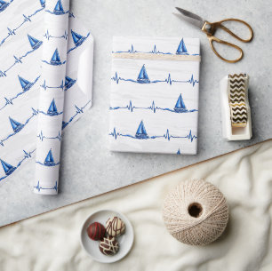 Sailboat Sailing on a Blue Heartbeat Graphic Wrapping Paper